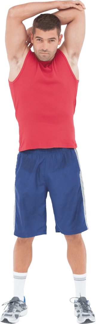 Transparent Fit Man Stretching Arms in Red Tank and Blue Shorts