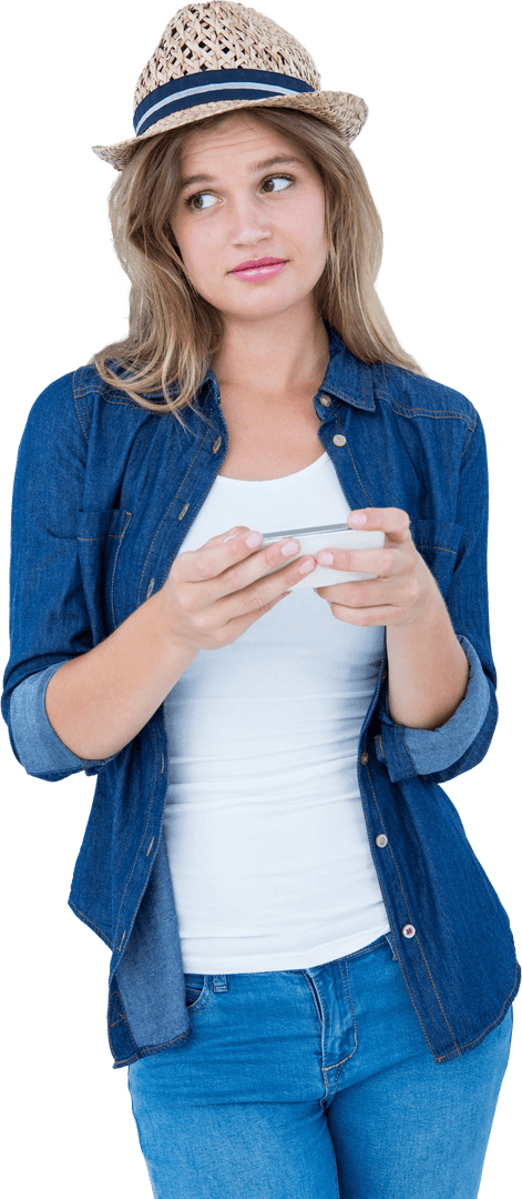 Woman Texting in Casual Outwear with Transparent Background