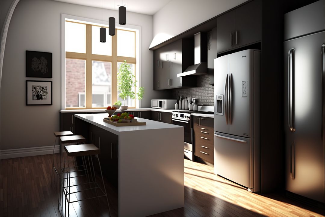 Modern Kitchen Interior with Island and Dark Cabinets - Free Images, Stock Photos and Pictures on Pikwizard.com