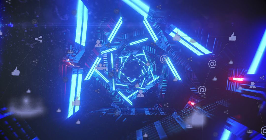 Futuristic Neon Tunnel with Social Media Icons in Cyberspace
