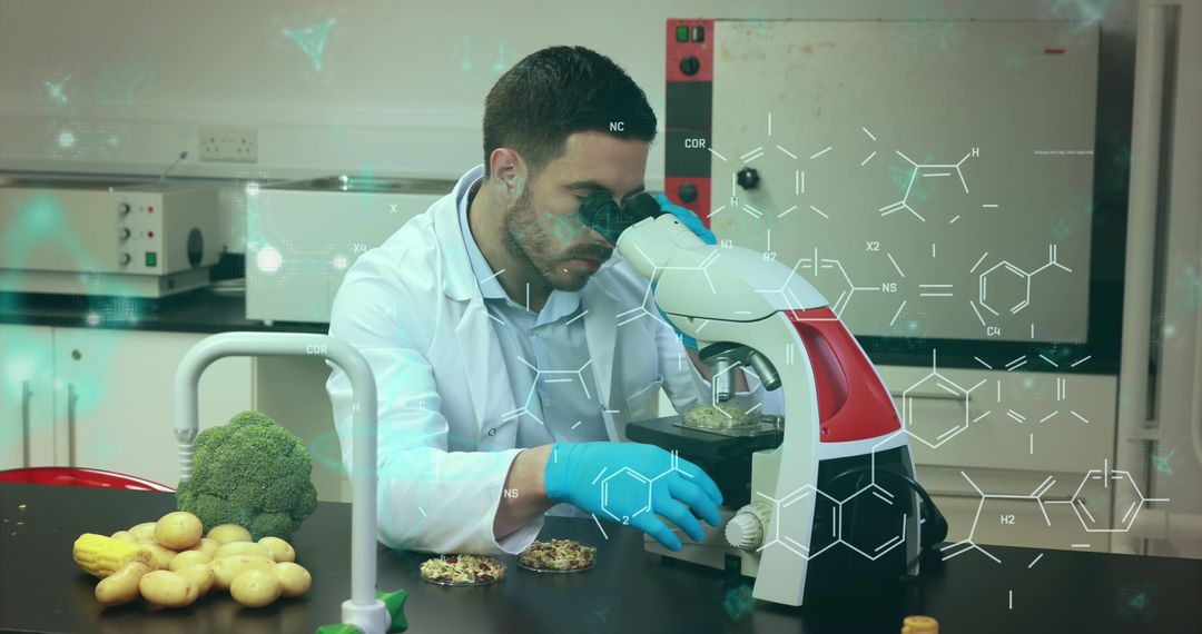 Scientist Examining Samples with Molecular Overlay