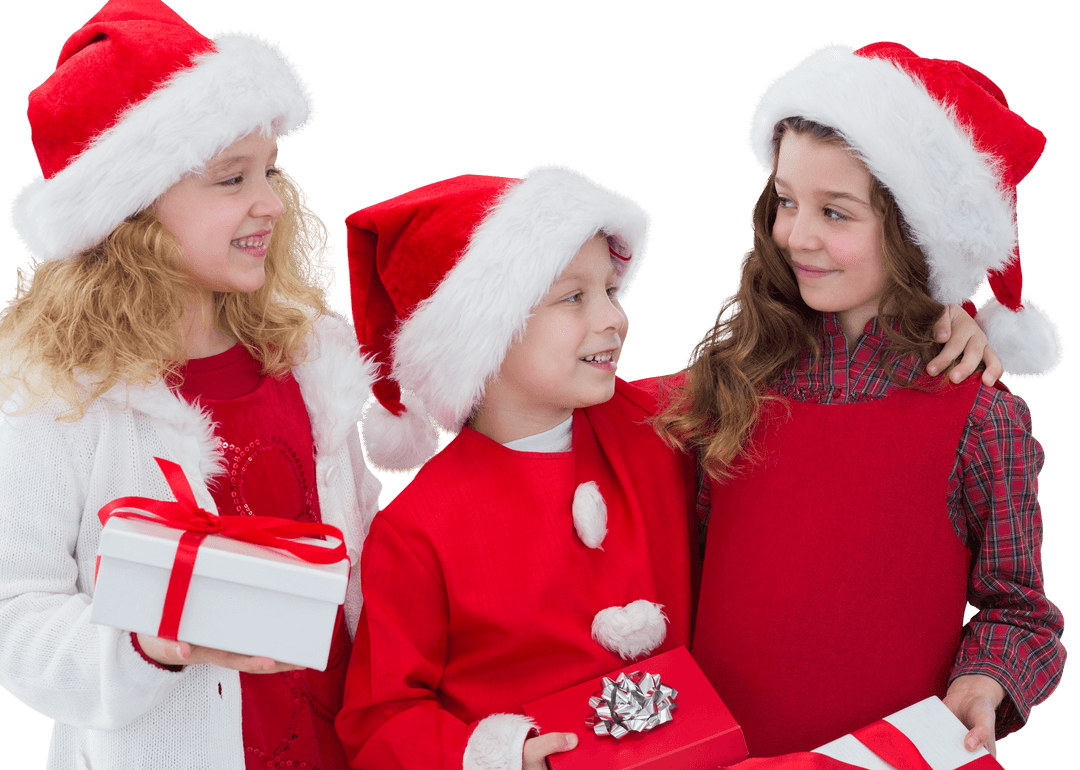 Happy Children in Santa Hats Sharing Christmas Presents Transparent