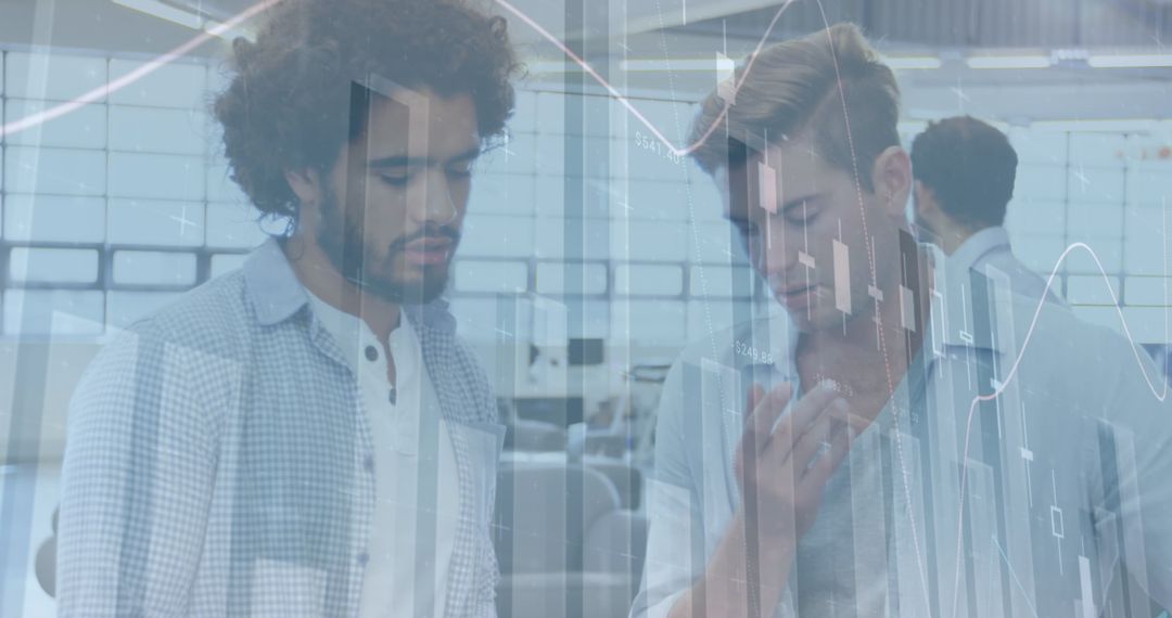 Diverse Businessmen Analyzing Digital Financial Data Overlay