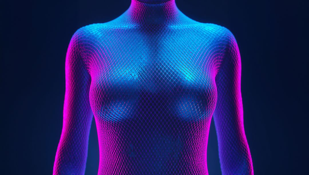 Neon Mesh Fashion Rave Outfit Illuminated with Cyan and Magenta Lighting