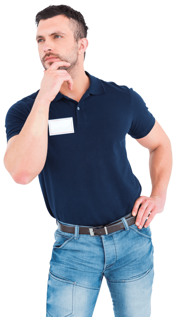 Man in Blue Shirt Thinking Transparent Background