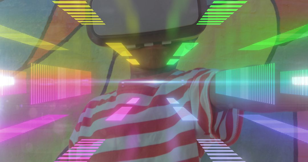 Kid Exploring Virtual Reality With Headset and Neon Visual Effects