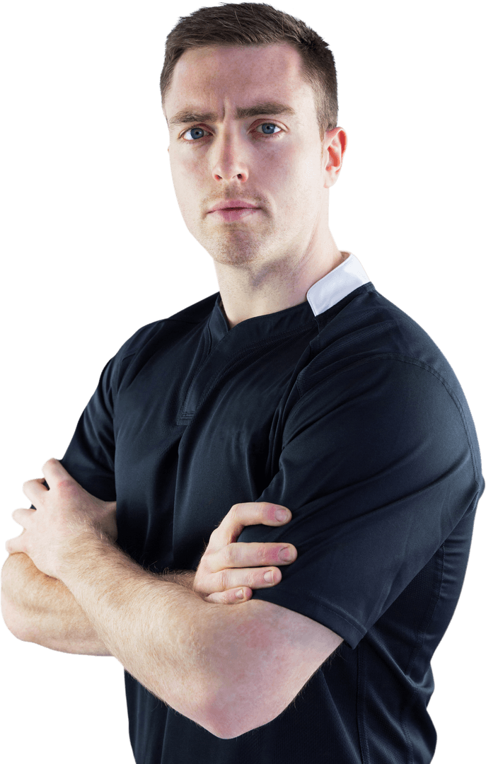 Confident Rugby Player in Black Jersey with Arms Crossed Transparent Background