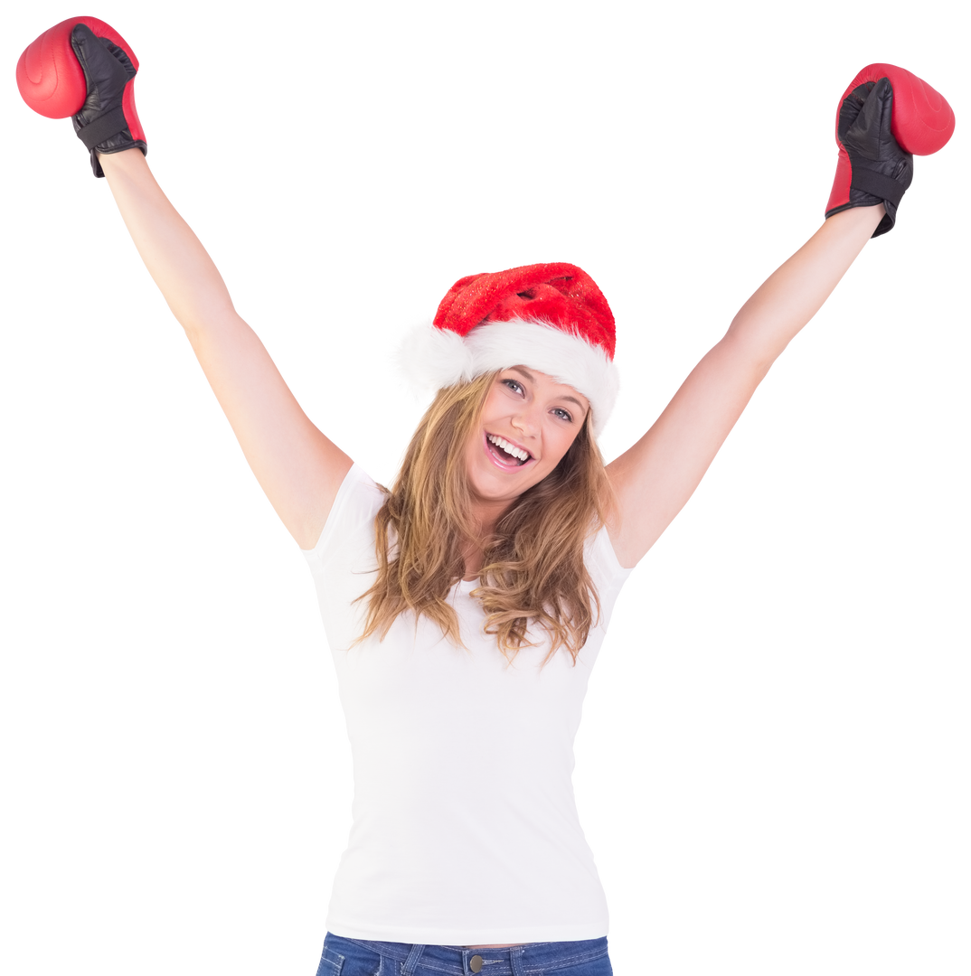 Festive Woman Wearing Santa Hat and Boxing Gloves on Transparent Background - Download Free Stock Images Pikwizard.com