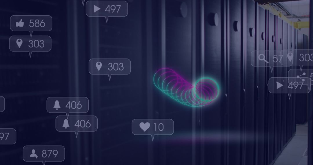 Social Media Interactions Over Data Server Room with Neon Effect