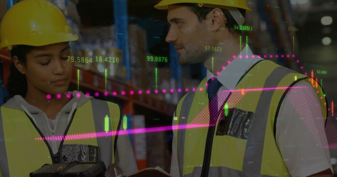 Warehouse Workers Analyzing Data with Financial Graphics Overlay