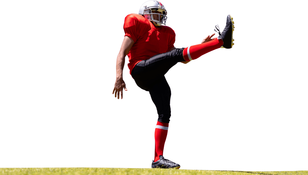 Rugby Player in Red Jersey Kicking Ball on Transparent Background