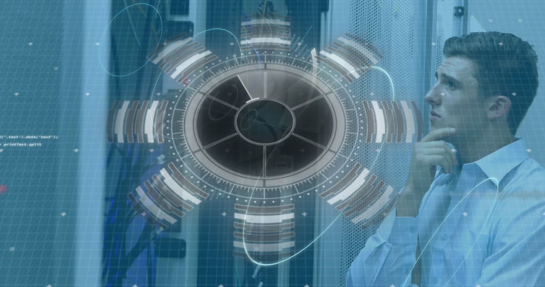 Futuristic IT Professional with Holographic Interface Analyzing Server Room