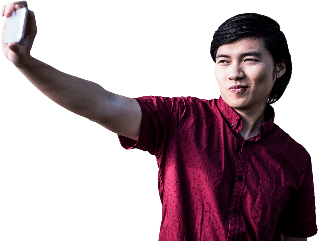 Young Man Taking a Selfie with Smartphone Concept Transparent