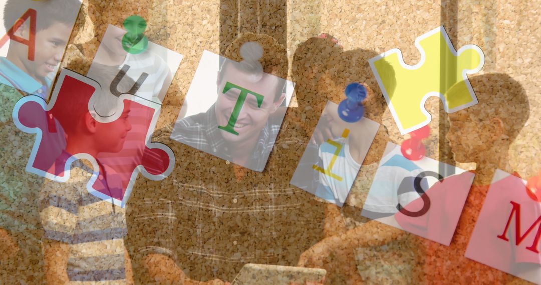 Image of colourful puzzle pieces and autism text over school children with male teacher - Free Images, Stock Photos and Pictures on Pikwizard.com