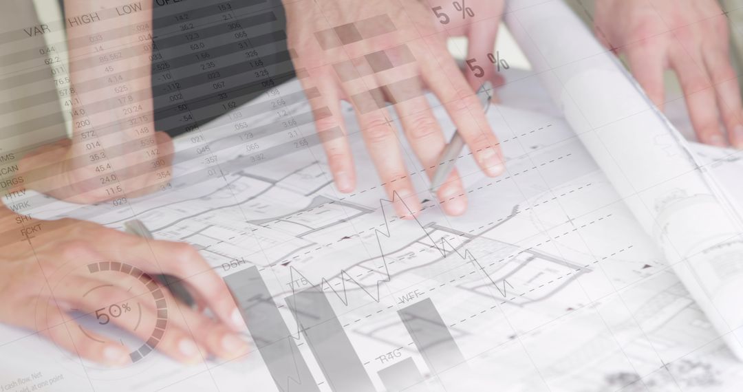 Engineers Collaborating on Drafting with Infographic Overlay