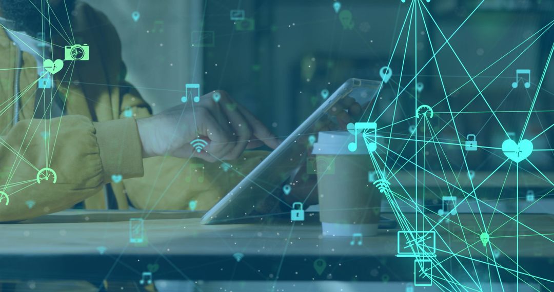 Person Using Tablet Surrounded by Digital Social Media Icons