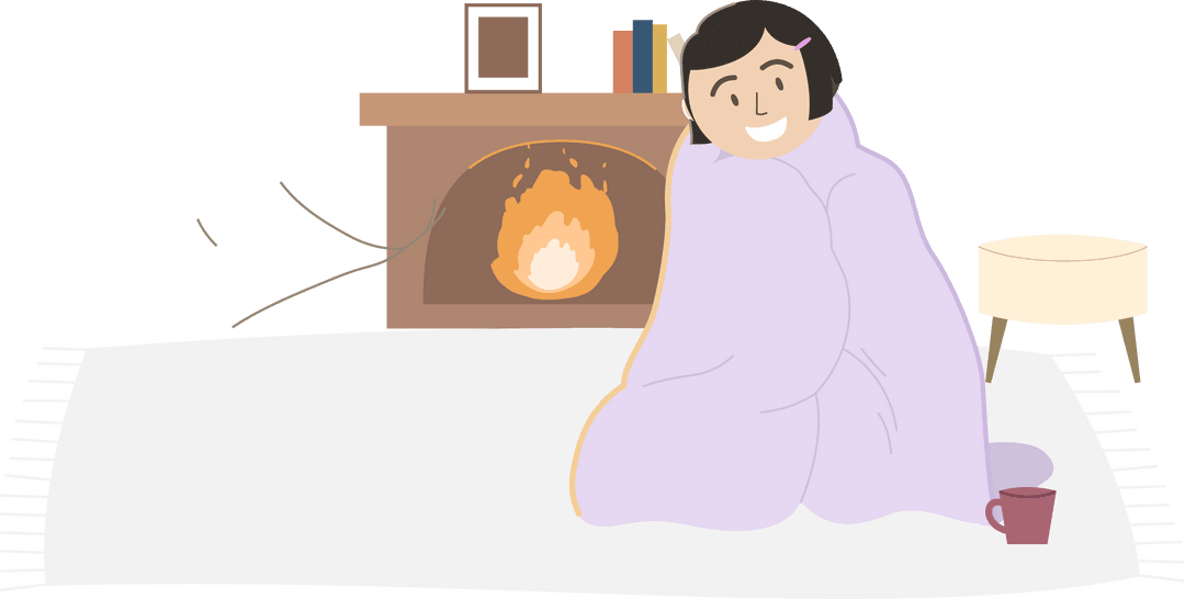 Cartoon Woman Wrapped in Lavender Blanket by Fireplace on Transparent Background