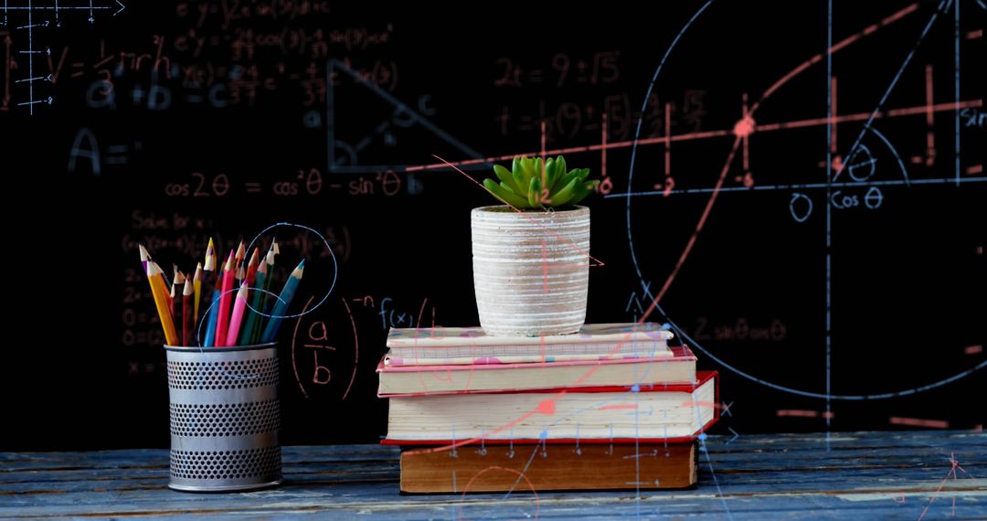 Mathematical Equations and Classroom Decor on Wooden Desk