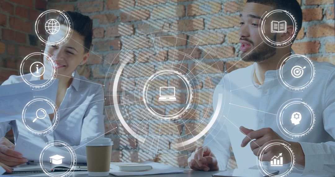 Colleagues Collaborating with Futuristic Digital Interface