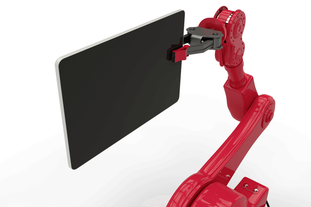 Red Robotic Arm Holding Digital Tablet Isolated on Transparent Surface