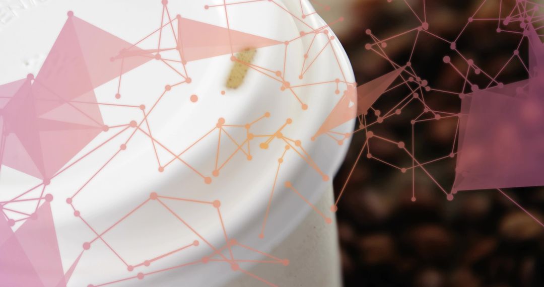 Close-up coffee cup lid with pink-orange digital network overlay and coffee beans