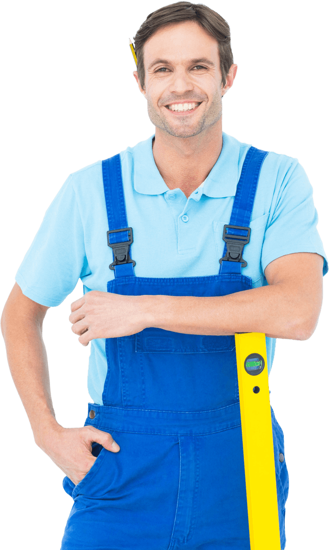 Transparent Confident Carpenter with Blue Overalls Holding Spirit Level