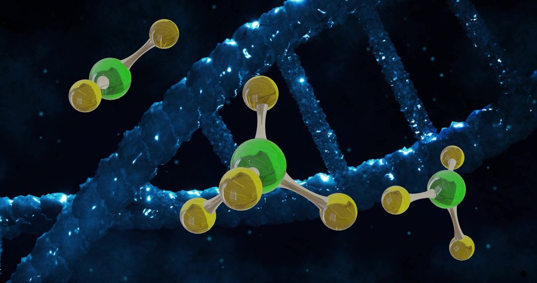 Rotating DNA Strand with Molecules on Dark Background