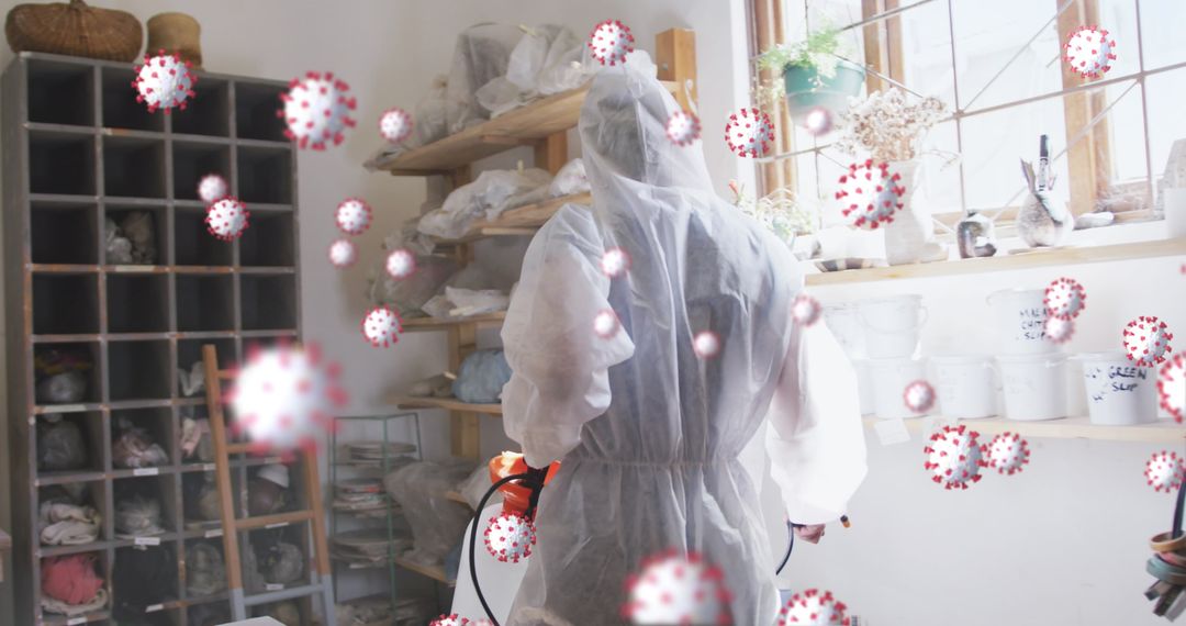 Healthcare Worker Disinfecting Pottery Studio in Protective PPE