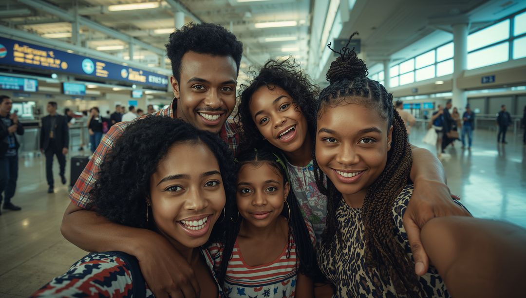 Family Taking Selfie at Airport Arrival Hall Capturing Joyful Moment