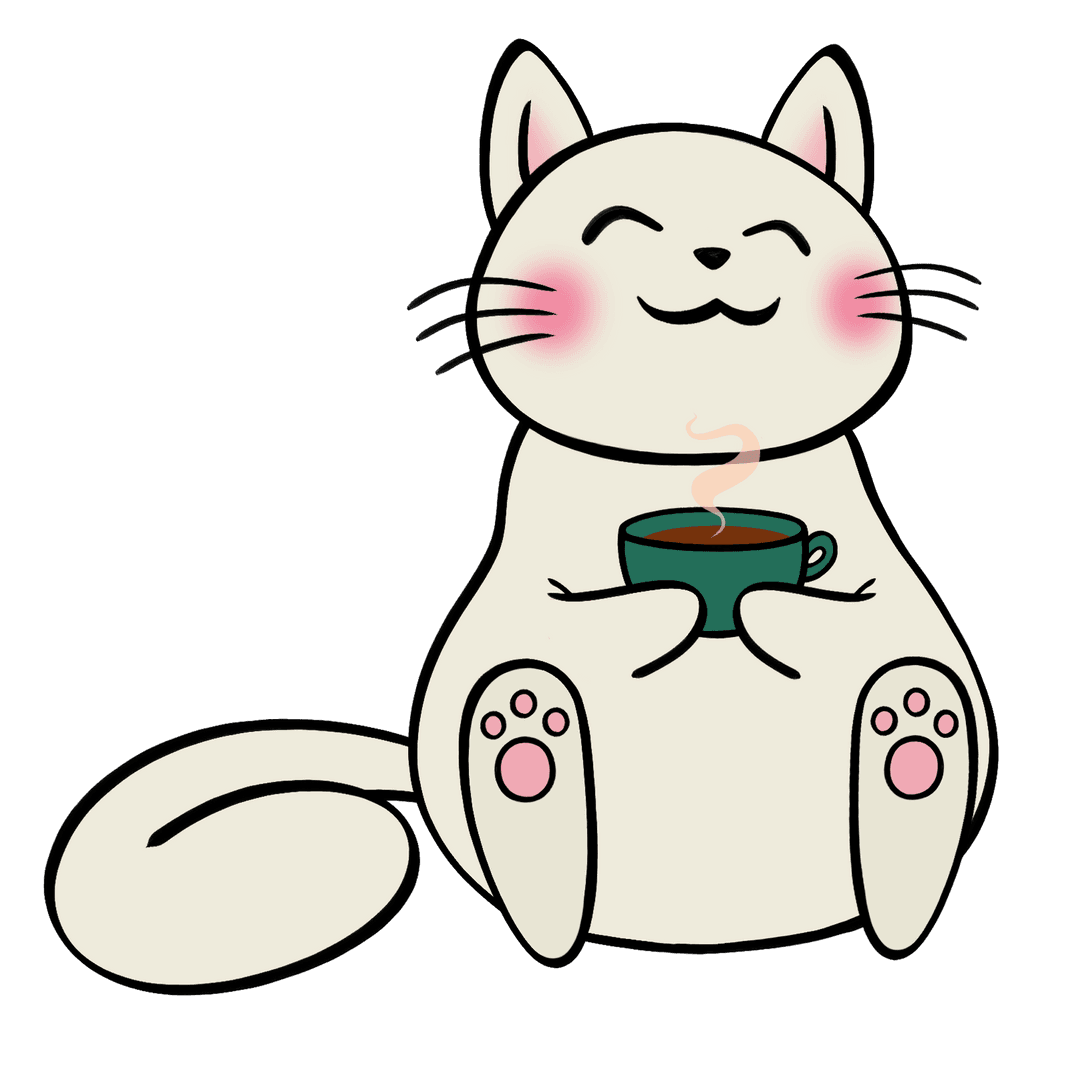 Stylized Cozy Cat Holding Cup on Transparent Background