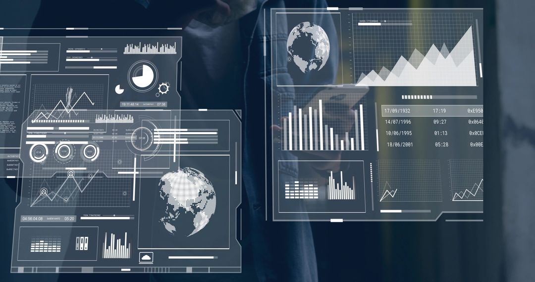 Displaying holographic data dashboards with global analytics on transparent HUD interfaces