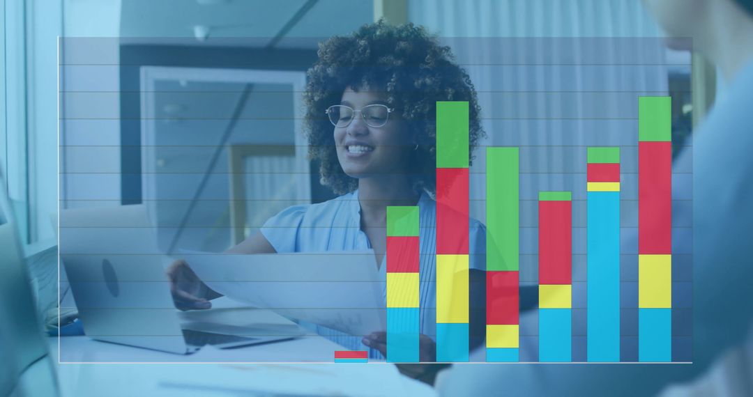 Businesswoman Analyzing Reports with Overlayed Bar Chart in Office
