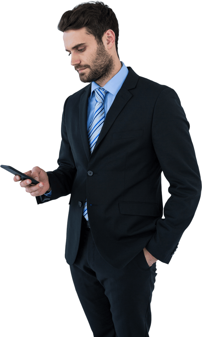 Transparent Businessman Using Phone with Professional Attire