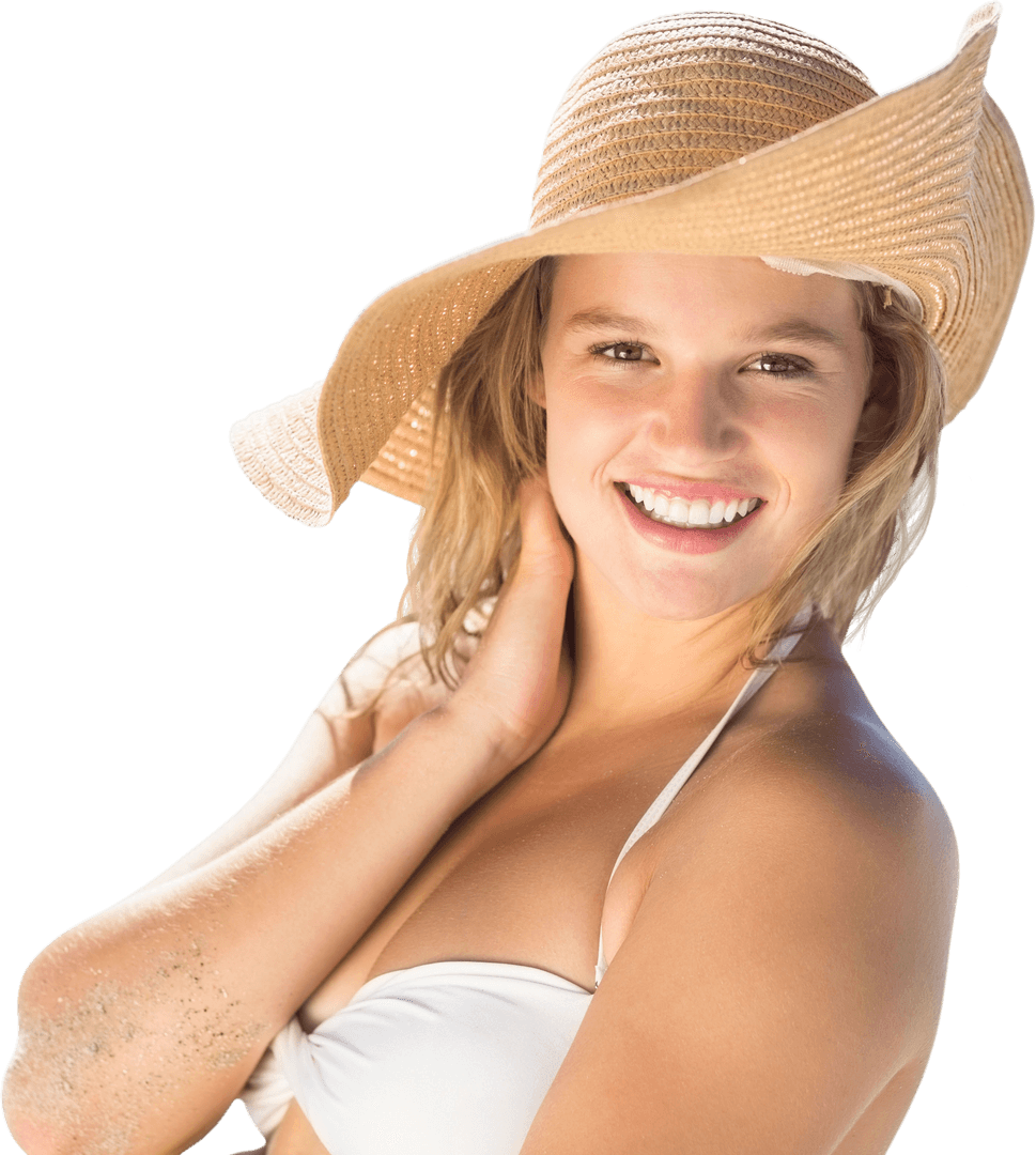 Smiling Caucasian Woman in Sun Hat with Transparent Background