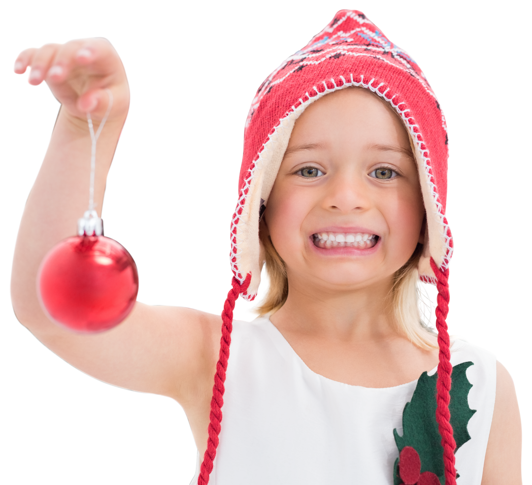 Happy Girl Holding Red Christmas Bauble on Transparent Background - Download Free Stock Images Pikwizard.com