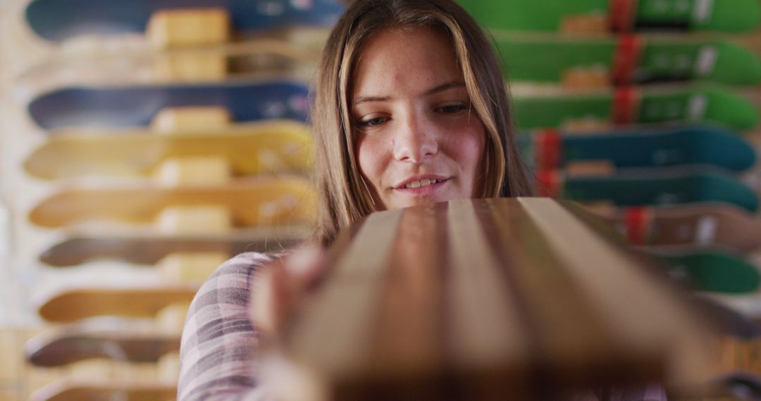 Young Woman Inspecting Skateboard Deck in Skate Shop - Free Images, Stock Photos and Pictures on Pikwizard.com