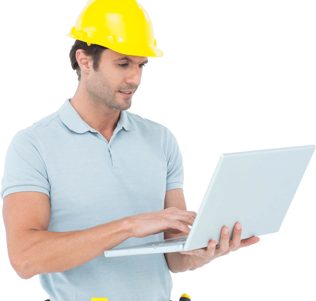 Construction Worker with Yellow Hard Hat Using Laptop Transparent Background