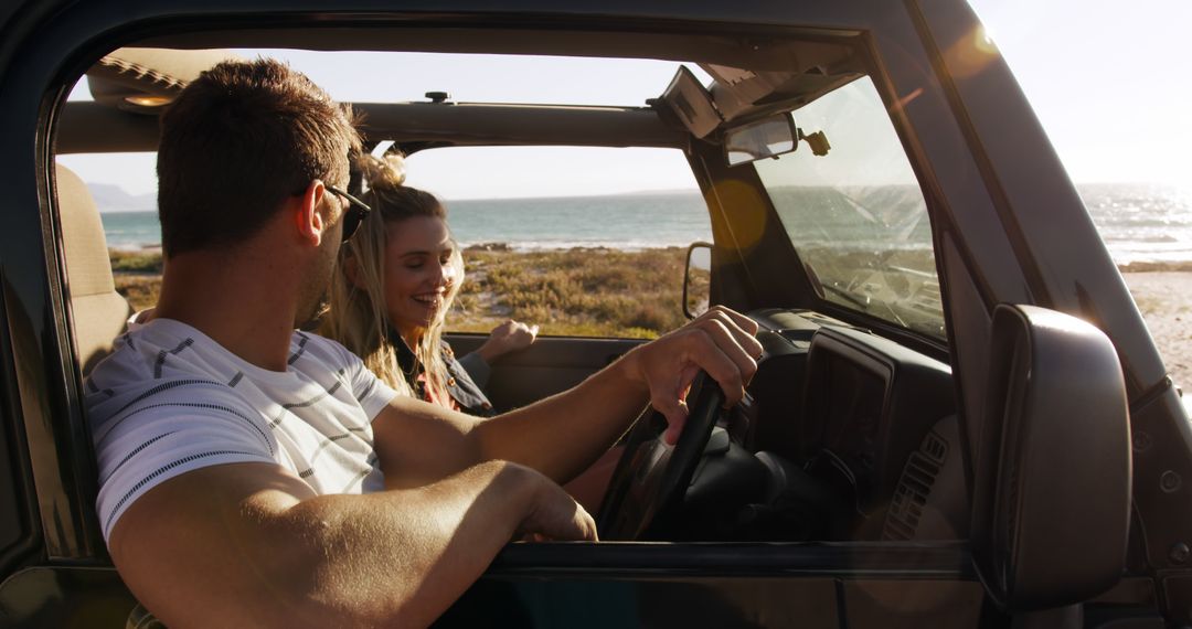 Young Couple Enjoying Road Trip in Convertible by the Beach - Free Images, Stock Photos and Pictures on Pikwizard.com