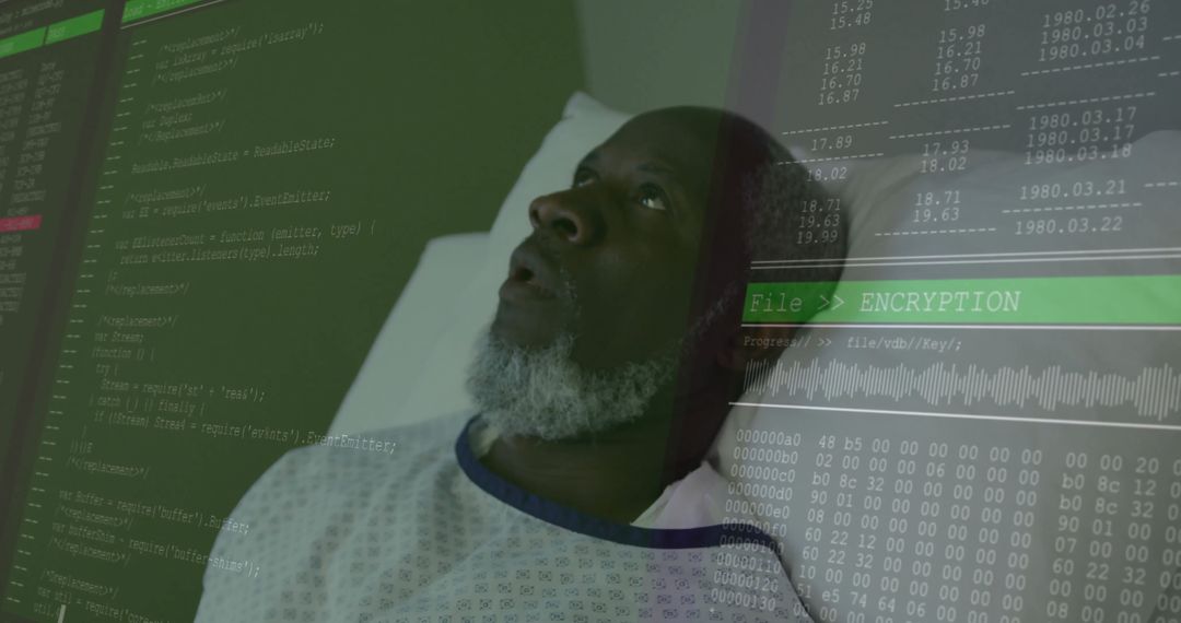 Senior Patient on Hospital Bed with Encryption Code Overlay