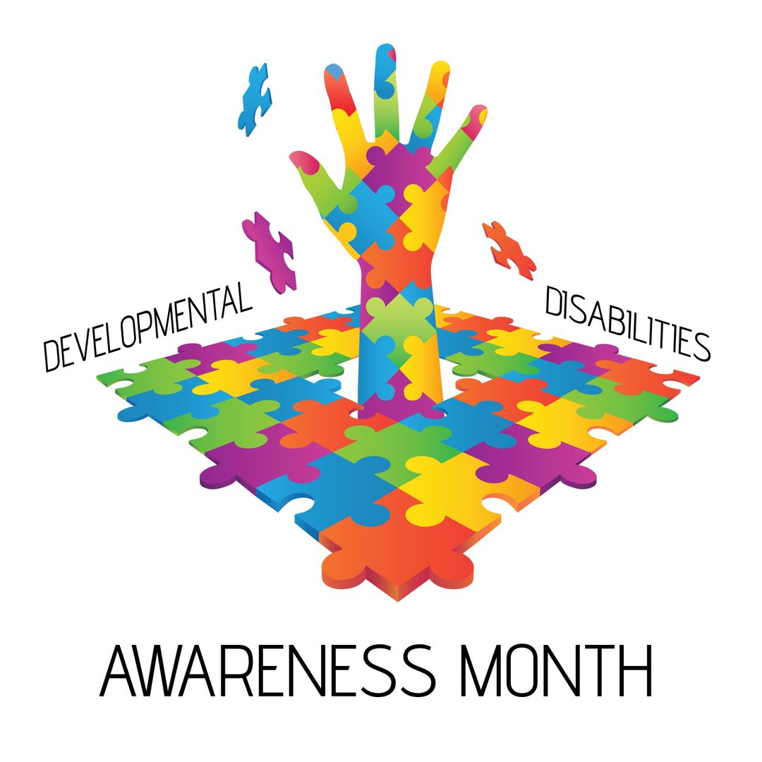 Colorful Puzzle Hand Symbol for Developmental Disabilities Awareness Month