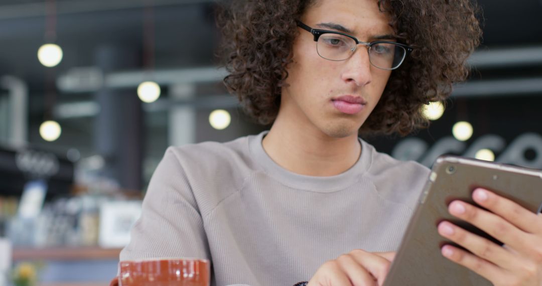 Young Man Focused on Tablet Screen in Modern Cafe - Free Images, Stock Photos and Pictures on Pikwizard.com