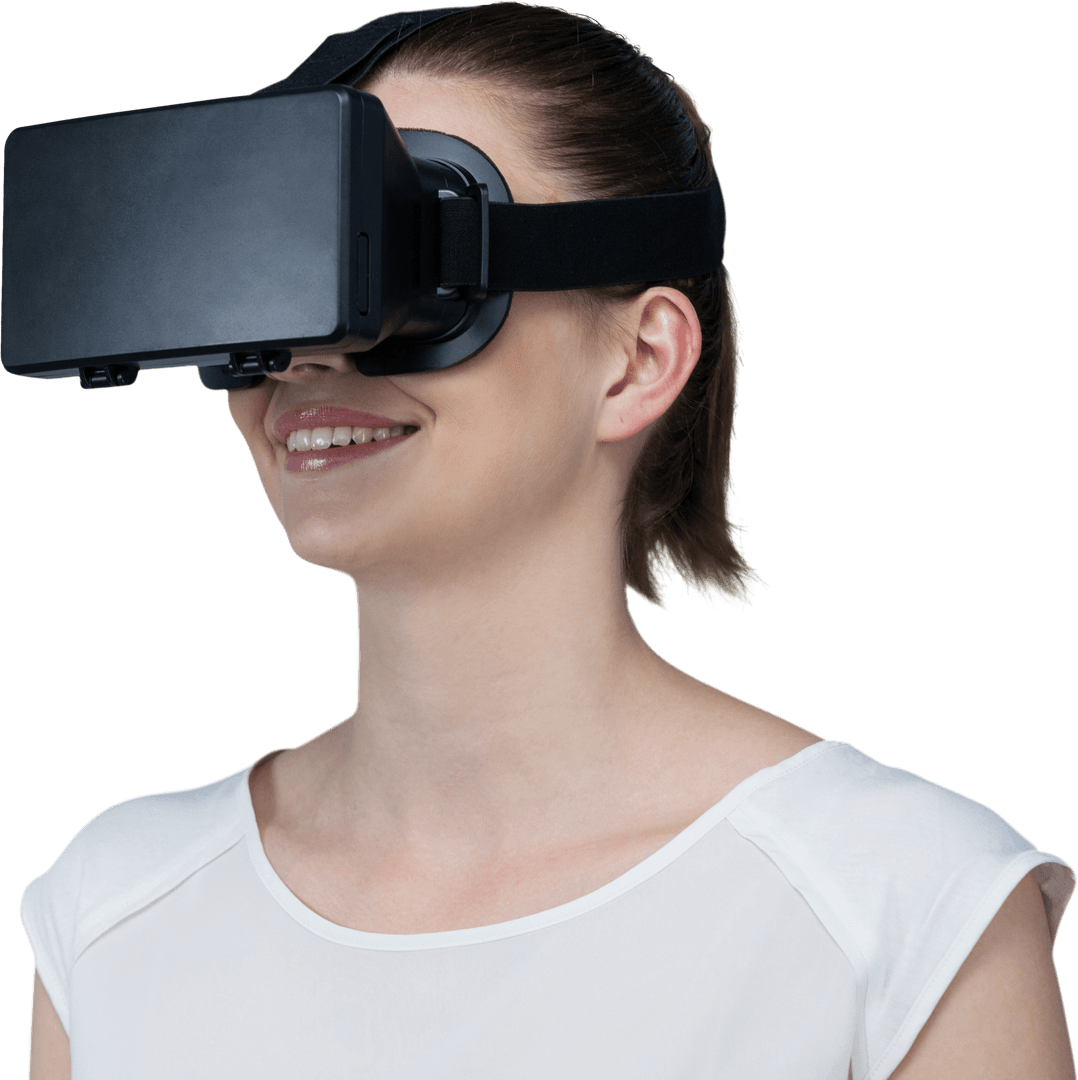 Smiling Woman Exploring Virtual Reality Transparent Background
