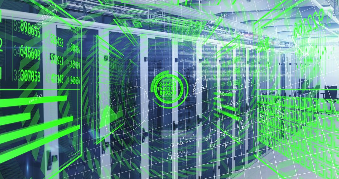 Futuristic Data Center with Digital Overlay Illustrating Cybersecurity