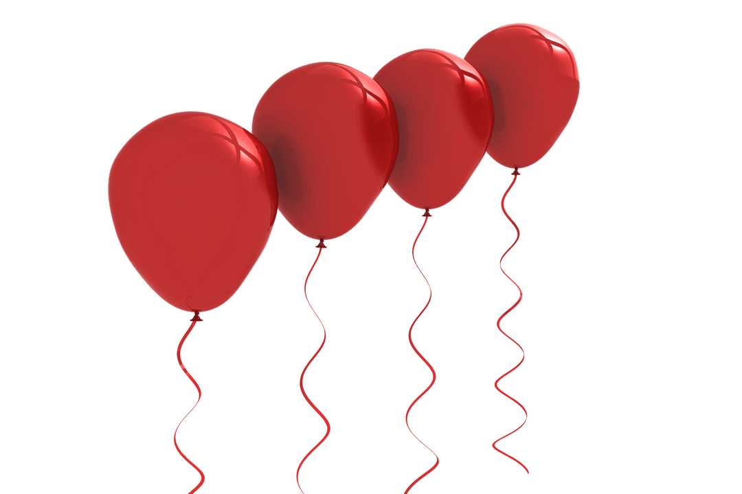 Red Shiny Balloons with Swirling Ribbons on Transparent Background