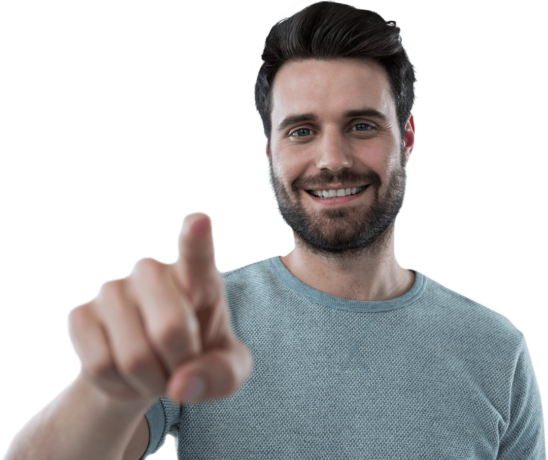 Happy Man Interacting with Transparent Interface on White Background