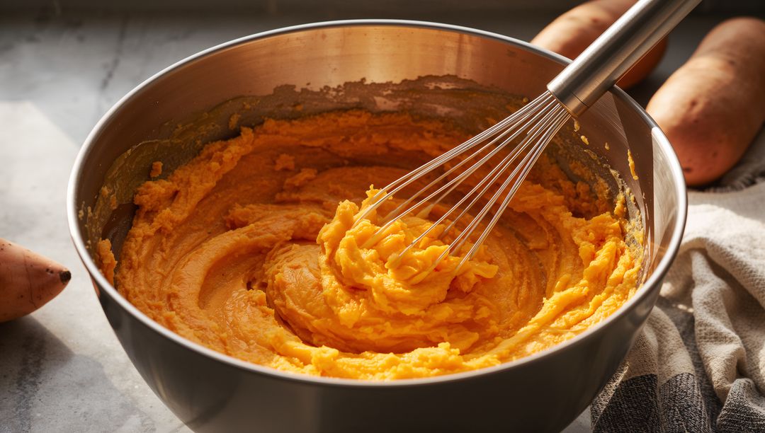 Whisking Mashed Sweet Potatoes in Steel Bowl on Sunlit Rustic Kitchen Counter