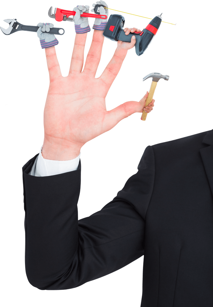 Transparent Businessman's Hand Holding Variety of Tools
