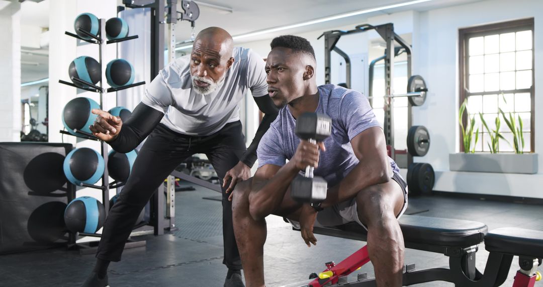 Personal Trainer Guiding Client in Gym Workout with Dumbbells