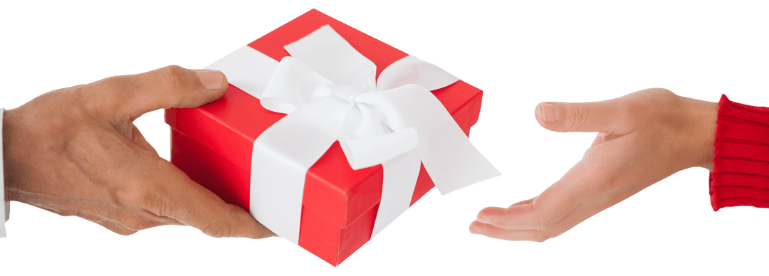 Hands Exchanging Christmas Gift Box on Transparent Background