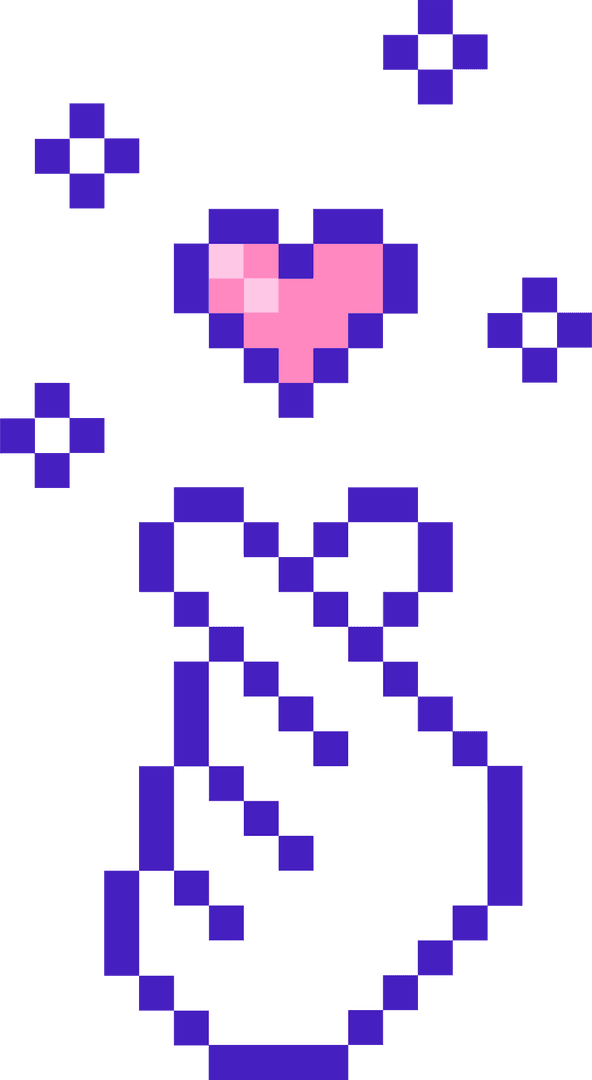 Pixel Art Finger-Heart Gesture with Pink Heart and Blue Sparkles on Transparent Background